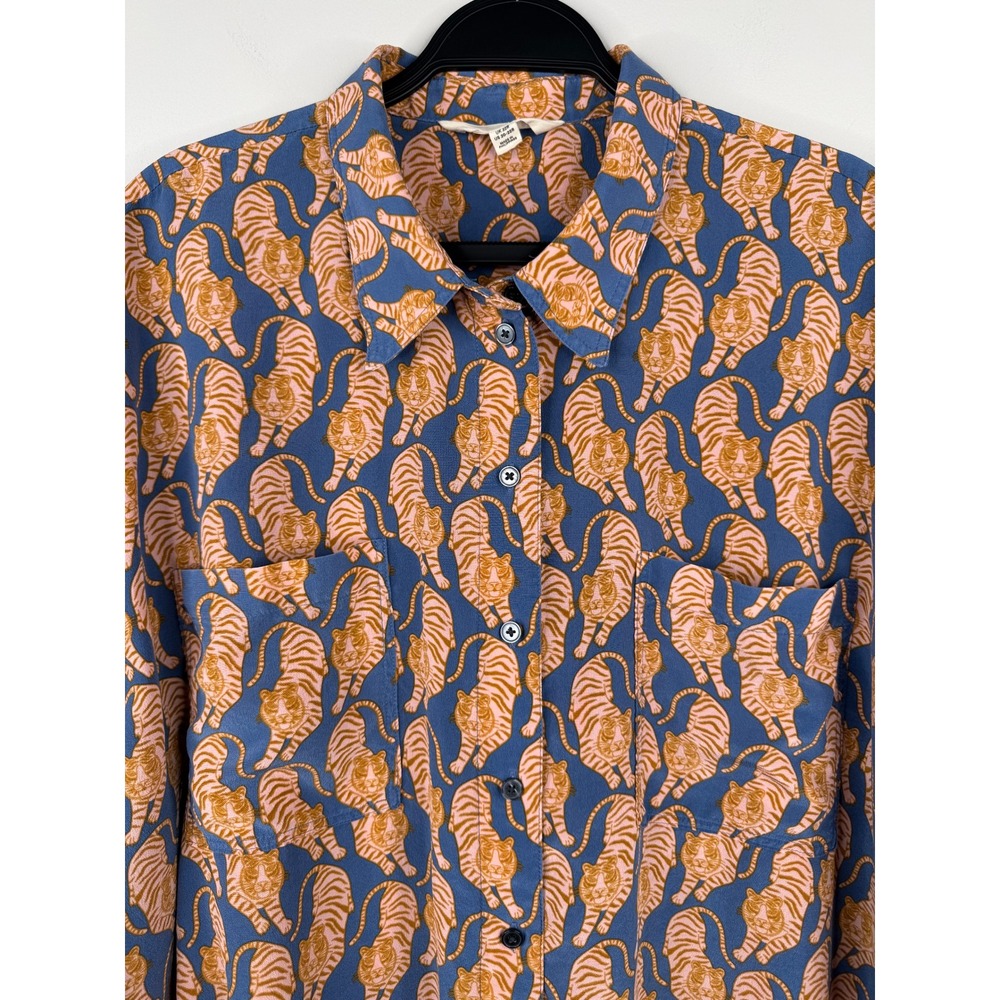 Boden 100% Silk Tiger Print Button Down Shirt Blue Pink Orange Womens US 20-22R